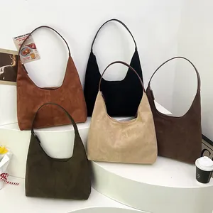 Retro faux suede hobo bag in five earth-tone colors with a minimalist tote design