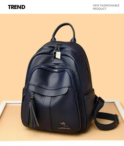Close-up of navy blue leather backpack with litchi texture and golden kangaroo logo