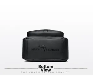 Detail view of the durable leather base and fine stitching on a black backpack