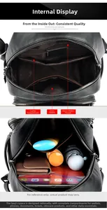 Internal view of black leather backpack showing laptop pocket and spacious storage
