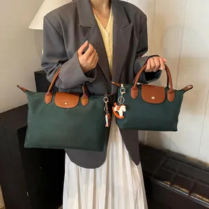 Contrast color large nylon tote bag set with leather handles in dark green and brown