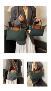 Green nylon tote bag with leather flap showing medium and small size comparisons