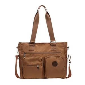 Brown large capacity vintage tote bag with multiple zip pockets for fitness and travel