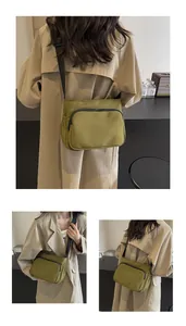 Détail du sac bandoulière en nylon vert matcha avec sangle réglable et poches zippées
