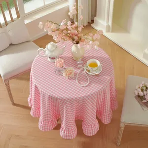 Washed Cotton Gingham Round Tablecloth With Ruffled Edge French Country Checkered Table Cloth For Dining Room Party Decor
