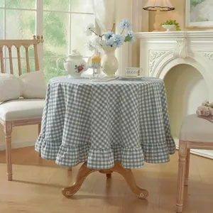 Blue and white plaid round tablecloth with ruffle edge for cottagecore dining decor