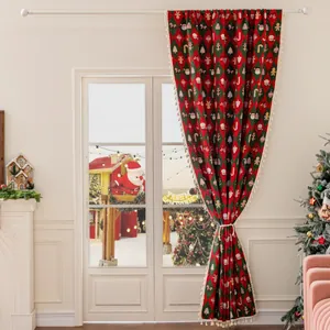 Rood kerstgordijn met jacquardpatroon, Kerstman-motieven en witte kwastjes