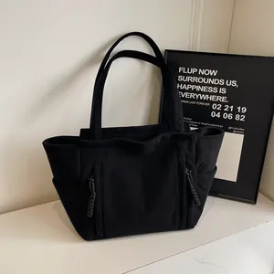 Borsa Tote in Velluto a Coste Donna Grande Capacità Casual Borsa a Spalla Con Tasche Anteriori a Cerniera Decorazione Corda Intrecciata