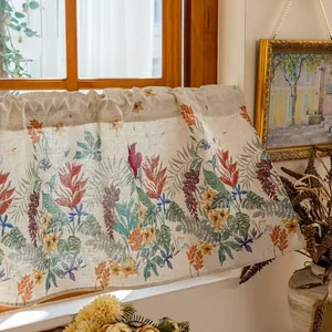 Detail of floral kitchen cafe curtain with vibrant tropical plant pattern and rod pocket