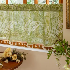 American Retro Polyester Cotton Botanical Short Curtain For Kitchen Cafe Cabinet Decoration Semi Shading Valance Tassels