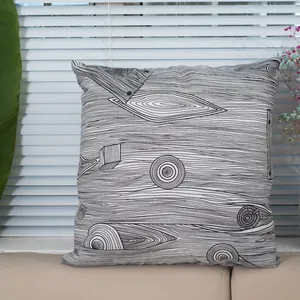 Detail of minimalist cotton linen cushion cover with black and white artistic wood grain texture