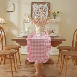 Franse Vintage Gewassen Katoen Tafelloper Met Randeigenschappen Geruit En Effen Kleuren Voor Buiten Bruiloft Huis Feest Tafel Decoratie