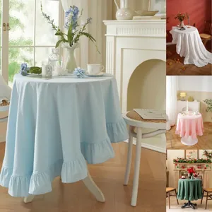 French style solid color round tablecloth with ruffled edges in premium washed cotton