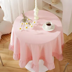 Pink washed cotton round tablecloth with ruffle edges for dining table decor