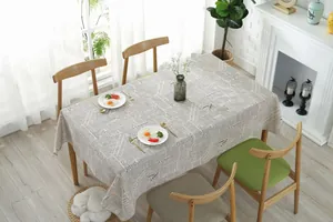 Detail van een vintage linnen tafelkleed met krantenprint op een houten tafel binnen