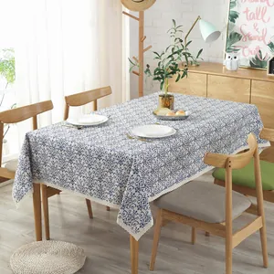 Nappe en Coton et Lin Avec Bordure en Dentelle et Glands Imprimé Nordique Géométrique Floral Feuilles Couverture de Table Rectangulaire pour Salle à Manger Cuisine Maison Décor