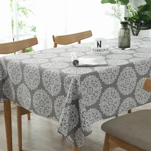 Grey American retro cotton linen tablecloth with elegant mandala prints for home dining tables