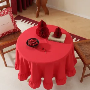 Red round tablecloth with ruffles for festive wedding and luxury home dining decor