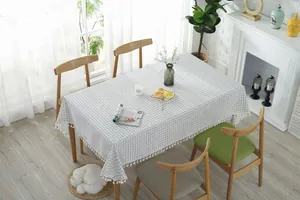 Close-up of the black and white grid pattern tablecloth with white pompom tassel edges