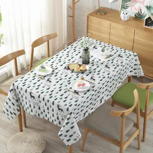 Nordic cotton linen tablecloth featuring green pine forest and purple elk patterns