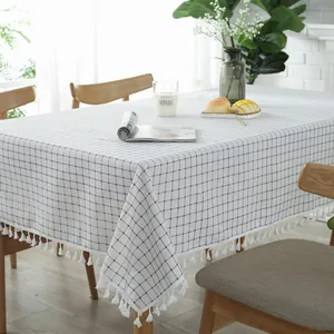 Nordic Style Thickened Cotton Linen Grid Tablecloth With White Tassel Minimalist Blue Checkered Table Cover For Dining Room Kitchen Home Decor