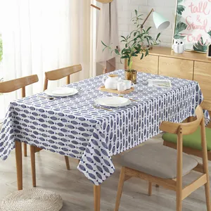 Modern rectangle table cloth with blue fish pattern on beige linen cotton fabric