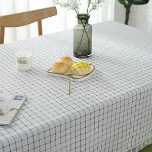 Nordic white cotton linen tablecloth with blue grid pattern and elegant fringe edges