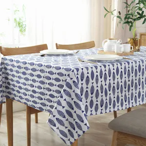 Mediterranean Blue Fish Pattern Cotton Linen Tablecloth Dustproof Decorative Dining Table Cloth For Home Kitchen Decor