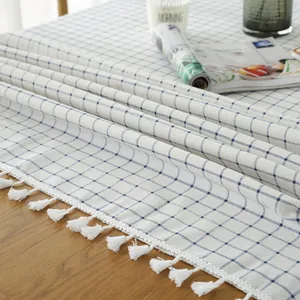 Nordic white cotton linen tablecloth with navy blue grid patterns and fringe tassels