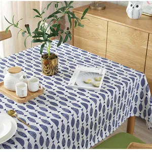 Blue and white fish pattern Japanese linen tablecloth for dining room and tea tables
