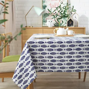 Modern rectangle cotton linen tablecloth with navy blue fish pattern on white fabric