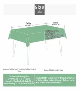 Size guide for rectangular and round tablecloths with detailed measurement formulas