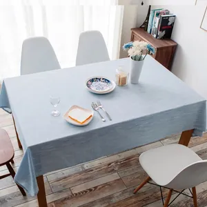 Nappe rectangulaire minimaliste à rayures bleu clair en coton et lin pour salle à manger