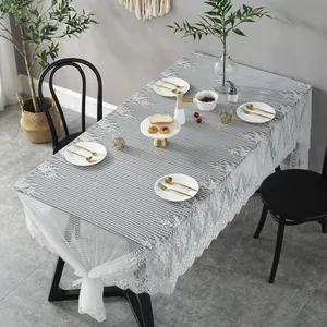 Nordic grey striped rectangle tablecloth with elegant white eyelash lace border trim