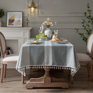 Tovaglia Rettangolare in Cotone e Lino Nordico Con Frangia a Nappine Ricamata a Strisce Geometriche Copertura Tavolo Antipolvere