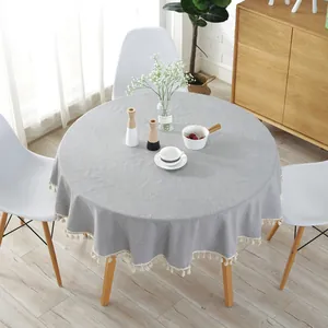 Nordisch Minimalistische Runde Tischdecke Einfarbig Faux Baumwolle Leinen Tischtuch Mit Quastenfransen Kante Für Esszimmer Küche Haus Dekor
