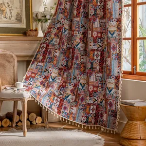 Bohemian jacquard gordijn met etnische patronen en witte franjes voor de woonkamer
