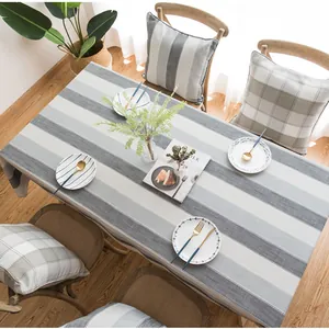 Detail of Nordic grey striped waterproof tablecloth with elegant cotton linen texture