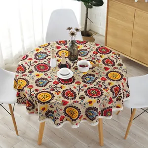 Nappe ronde bohème avec imprimés mandala floraux et bordure en dentelle blanche