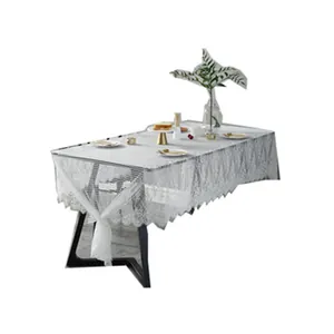 Nordic vintage white eyelash lace tablecloth with floral crochet patterns on dining table