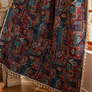 Boheems jacquard gordijn met etnische geometrische patronen en witte kwastjes voor woonkamer