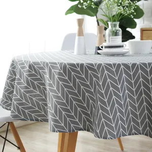 Nordic round cotton linen tablecloth with grey chevron pattern for dining table decor