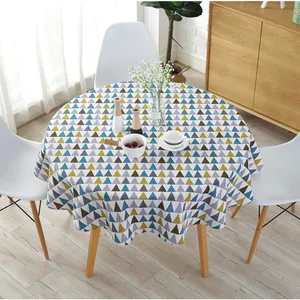 Close-up of Nordic geometric triangle pattern on heavy cotton linen round tablecloth