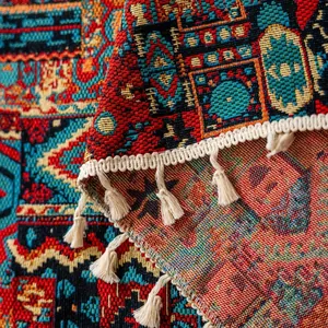 Close-up van vintage jacquard stoftextuur met elegante franje details aan de randen