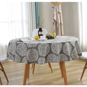 Nordic round grey cotton linen tablecloth with white mandala floral print for dining table