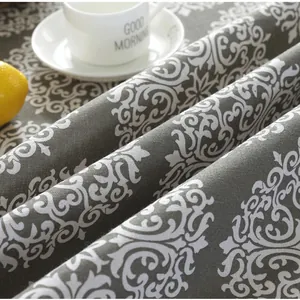 Nordic grey cotton linen round tablecloth with vintage damask floral print and soft texture