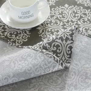 Nordic round cotton linen tablecloth with grey vintage damask floral print and hemmed edges