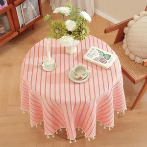 Pink striped cotton linen round tablecloth with tassel fringe for cozy home decor