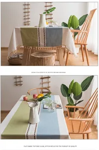 Dettaglio tovaglia in cotone e lino con patchwork verticale e frange con nappe boho