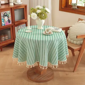 Round cotton linen tablecloth with green stripes and white fringes for home dining decor
